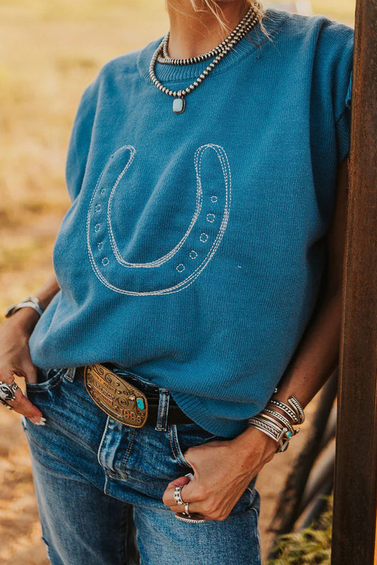Light Blue Horse Shoe Embroidered Loose Short Sleeve Sweater