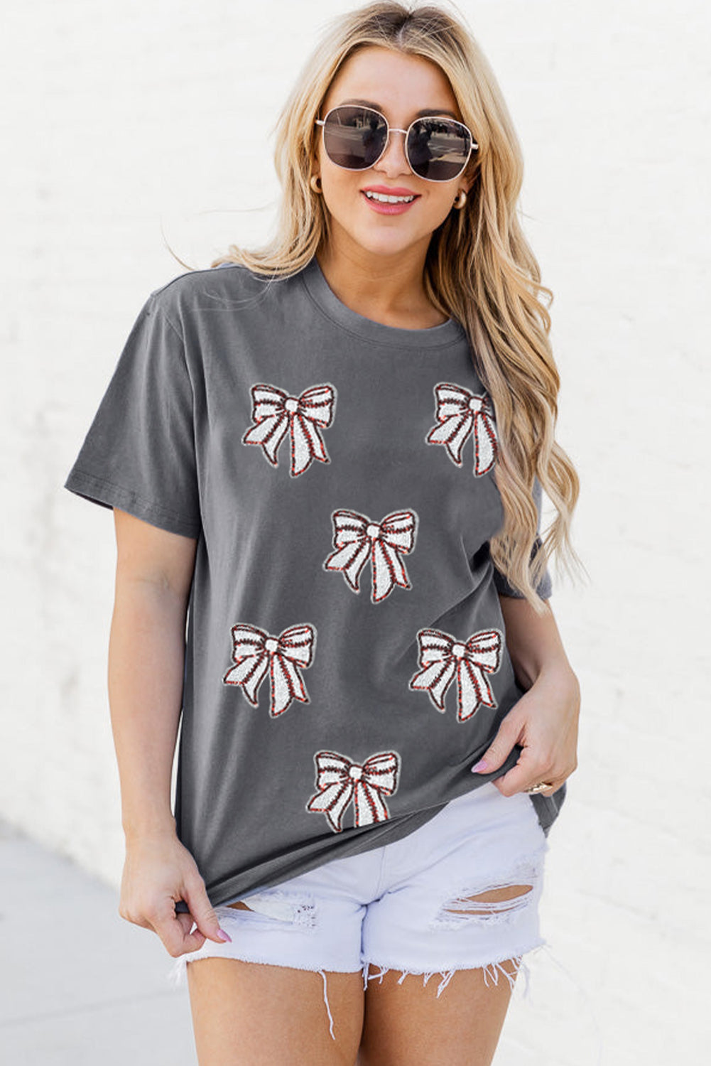 Gray Sequin Bow Baseball Fashion Graphic Tee