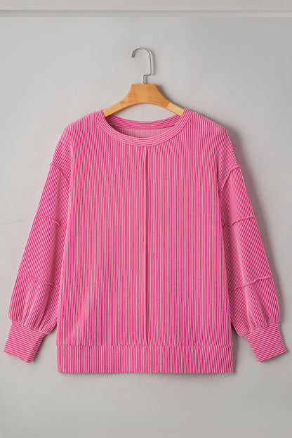 Bonbon Spiral Ribbed Exposed Seam Detail Plus Size Long Sleeve Top