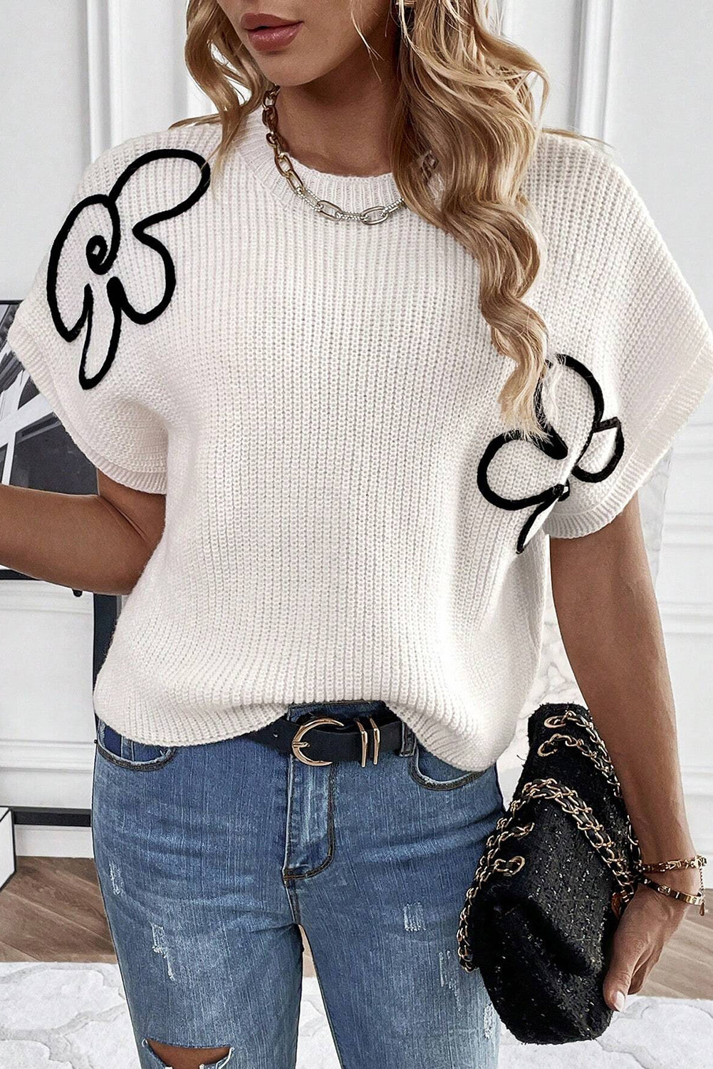 White Flower Embroidery Sweater Top