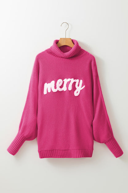 Blackish Green Merry Letter Embroidered High Neck Sweater