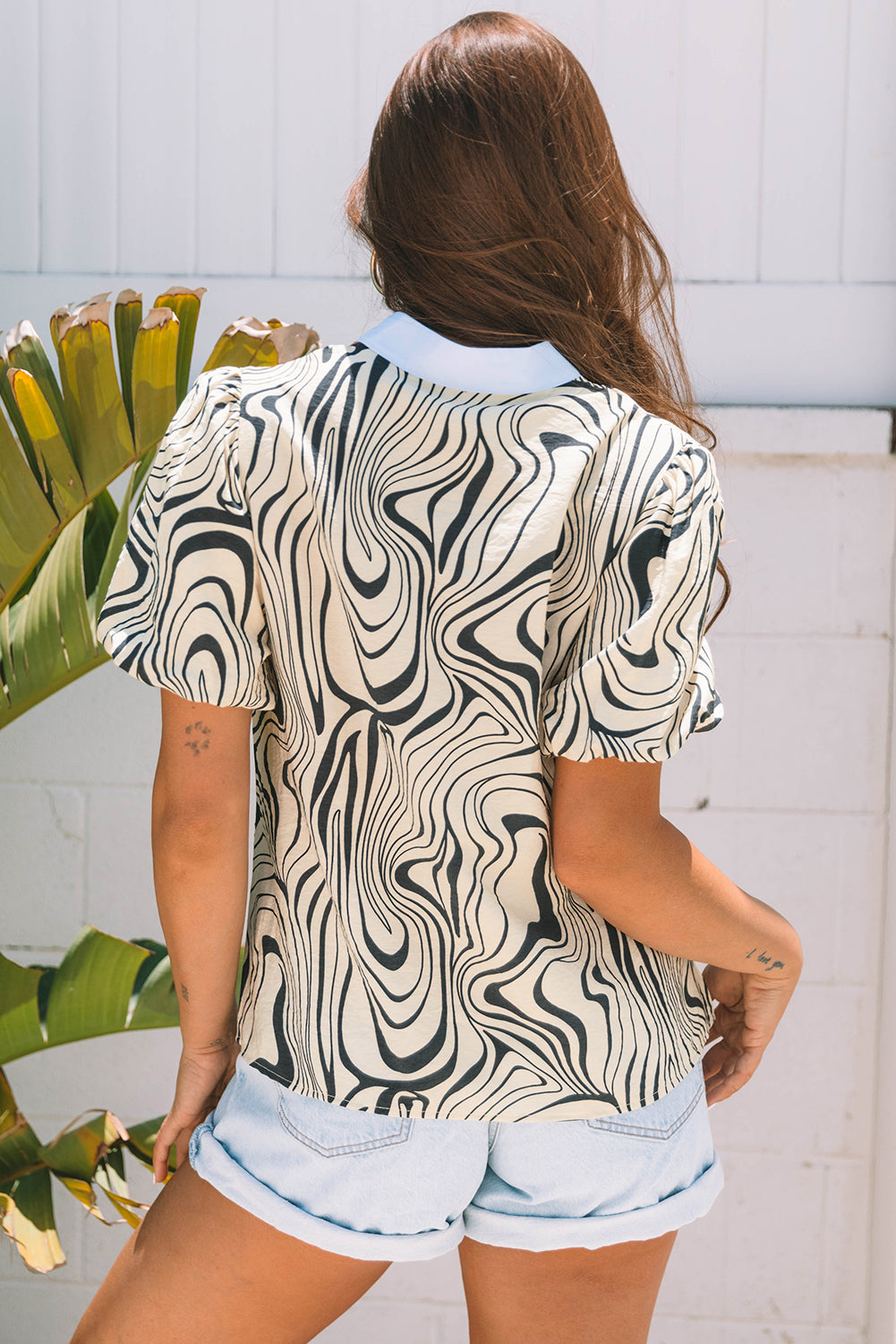 White Zebra Stripe Print Contrast V-Neck Ricrac Detail Short Sleeve Blouse Top