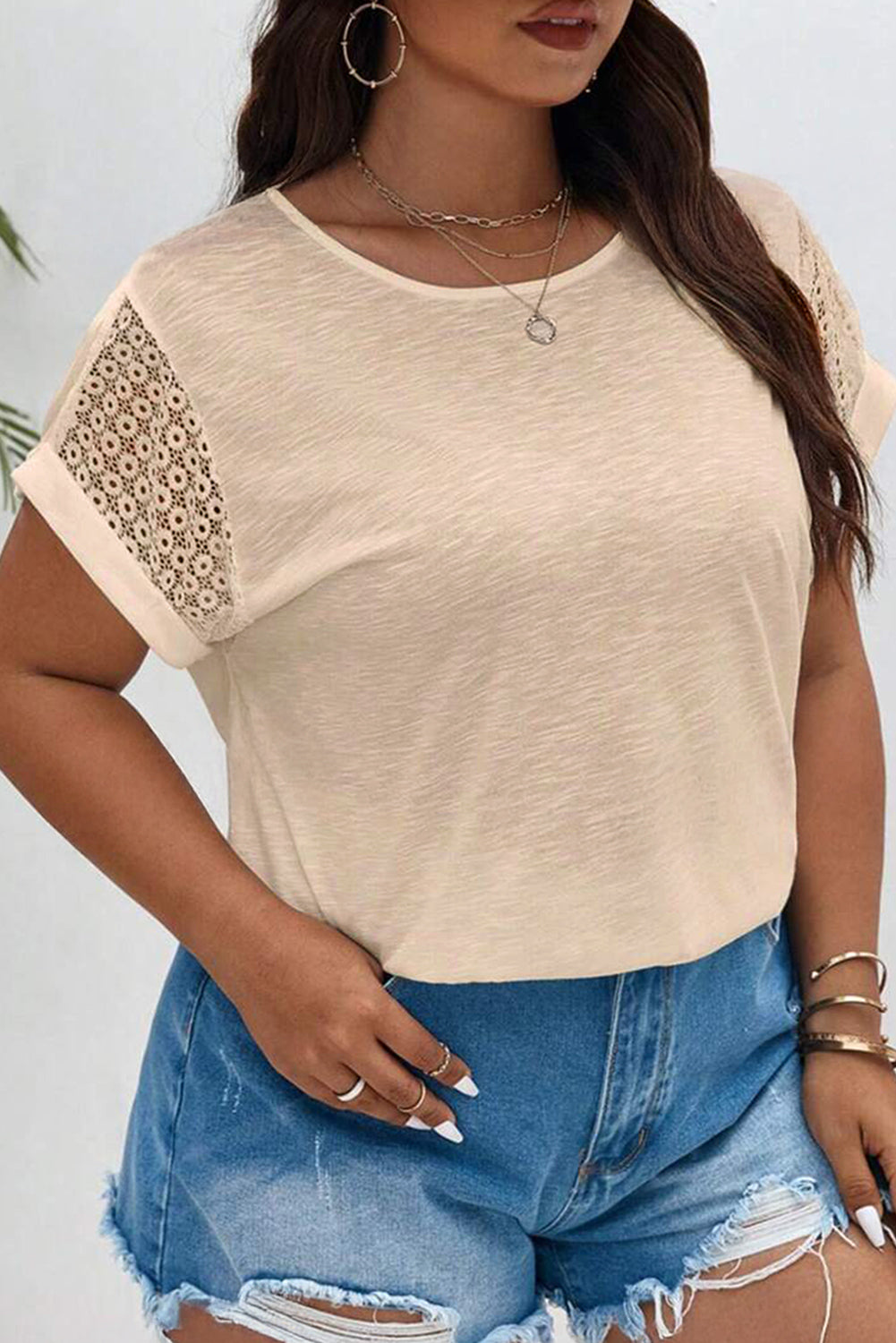 Parchment Lace Patchwork Short Sleeve Round Neck Plus Size Summer Top