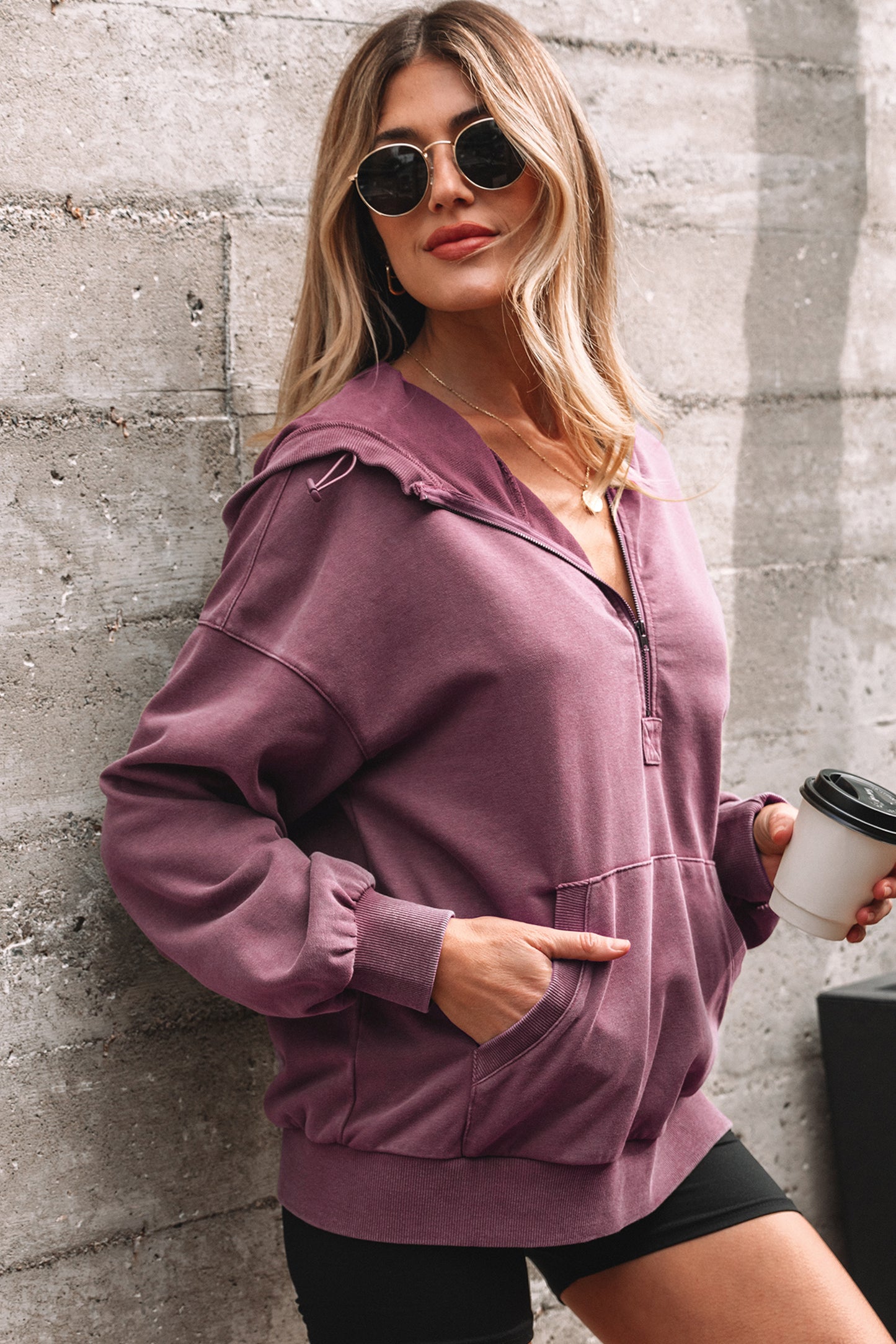 Ashleigh Blue Half Zip Kangaroo Pocket Mineral Wash Baggy Hoodie