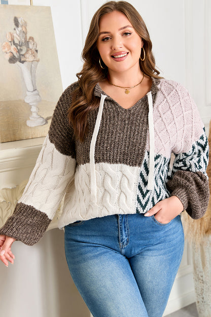Brown Plus Size Color Block Patchwork Knotted Back Loose Fit Sweater