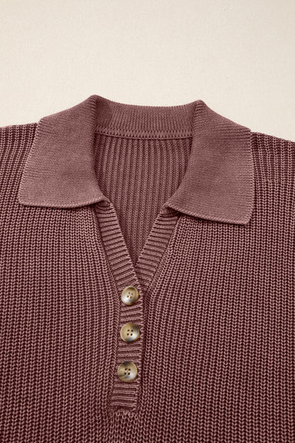 Dark Brown Mineral Washed Knit Button Polo Collar Loose Sweater