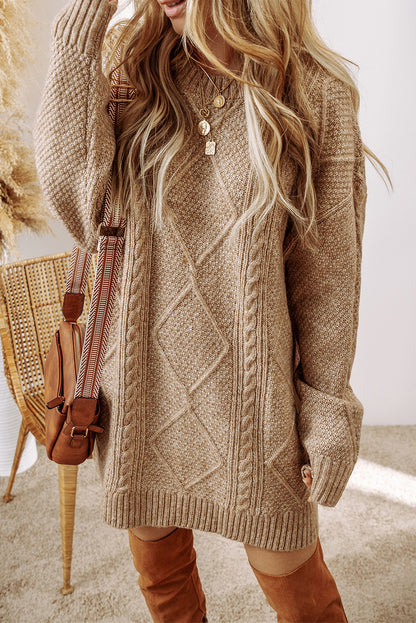 Oatmeal Cable Knit Drop Shoulder Loose Fit Sweater Dress