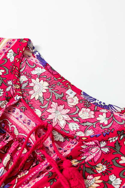 Blue Bohemian Floral Print Tassel Tie Front Long Sleeve Blouse