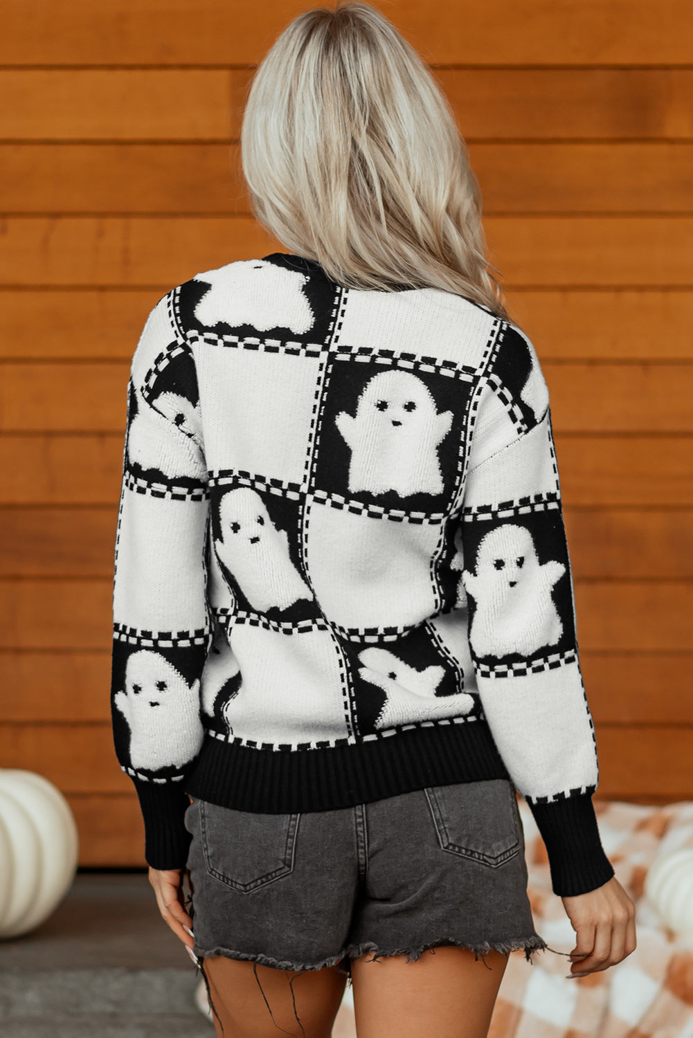 Black Halloween Ghost Checkered Drop Shoulder Sweater