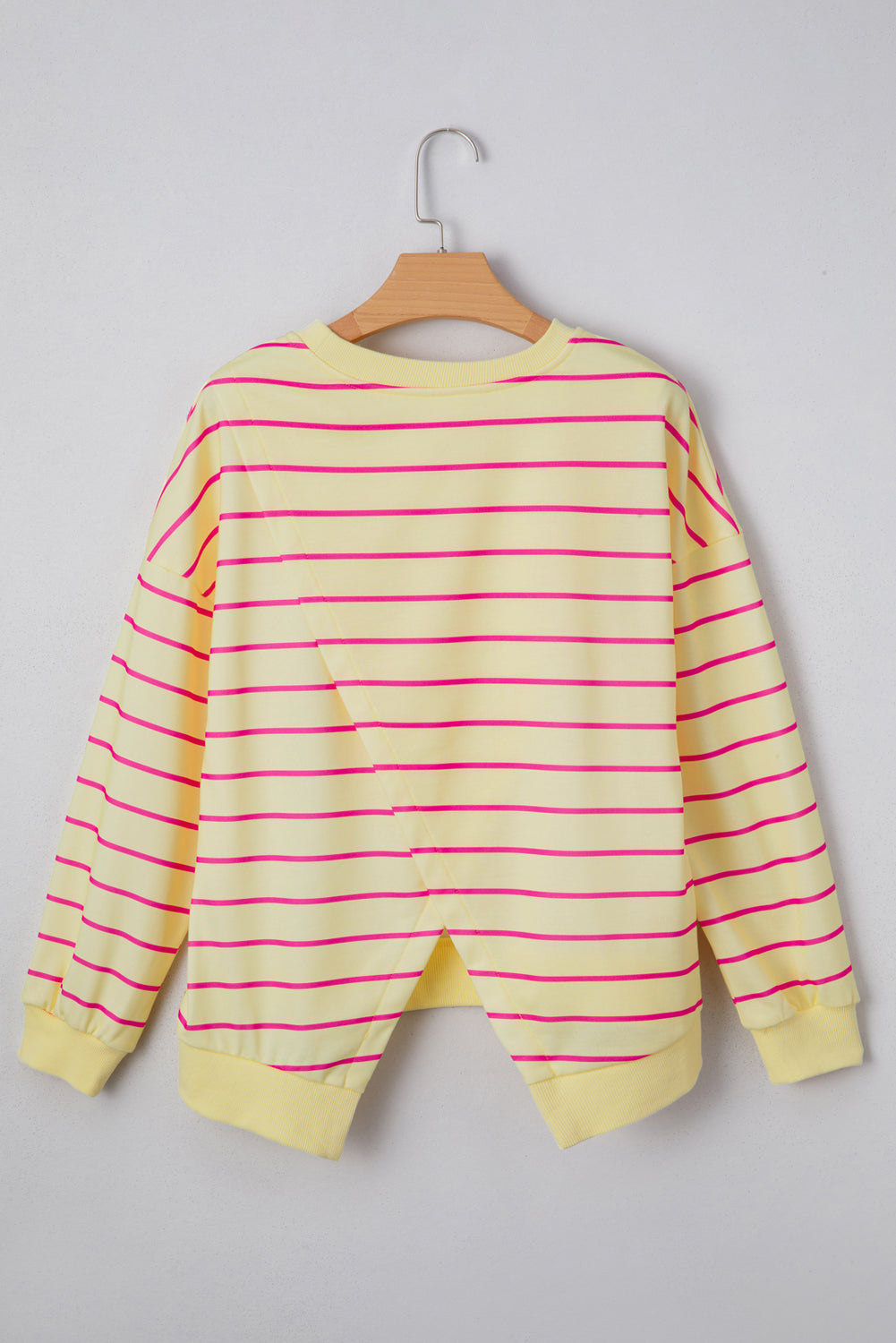 Yellow Stripe Stylish Overlap Detail Drop Shoulder Pullover Sweatshirt
