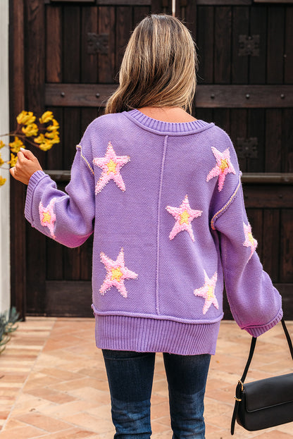Lavendula Brushed Star Graphic V Neck Drop Shoulder Oversize Sweater