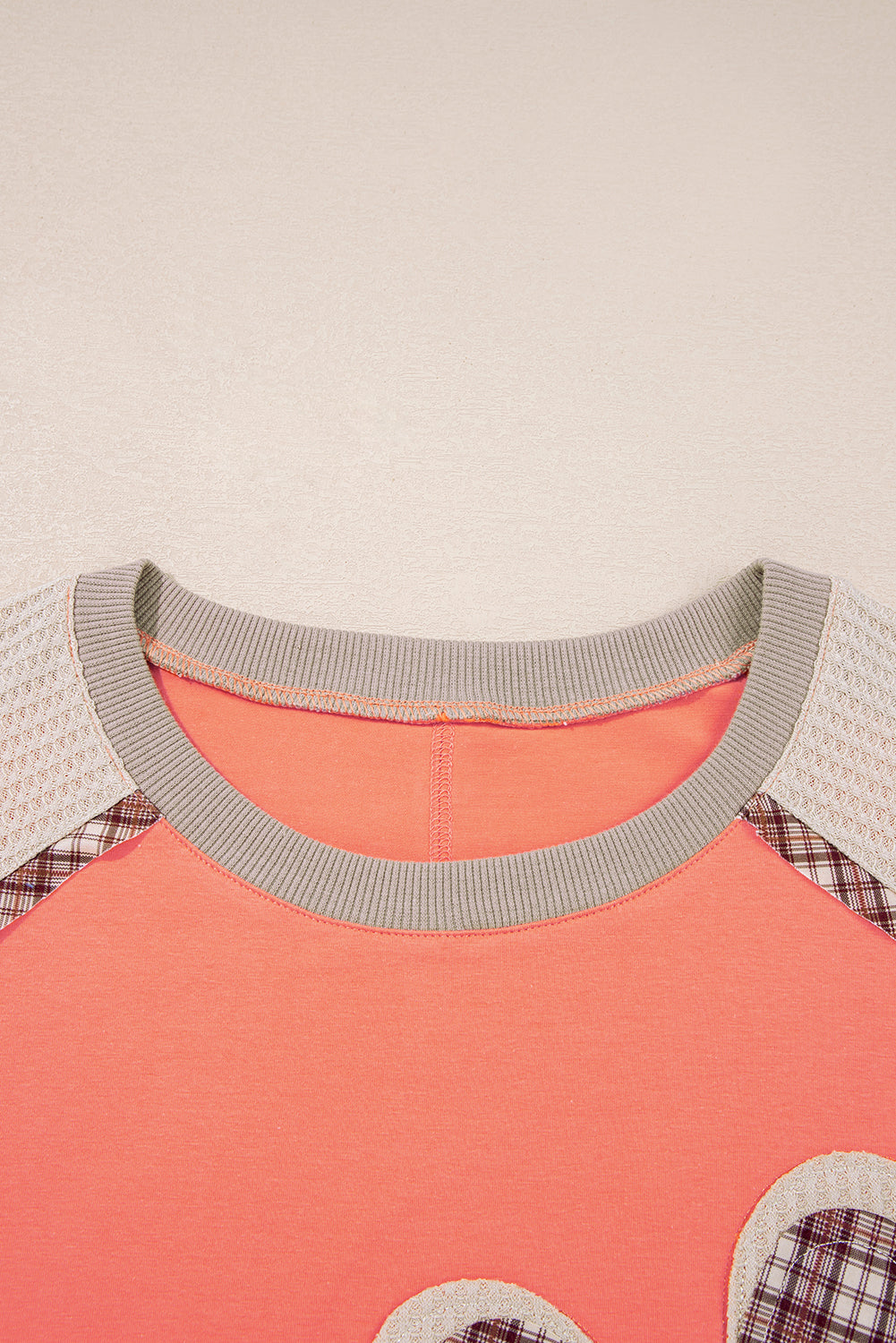 Grapefruit Orange Plaid Waffle Flower Patchwork Bracelet Sleeve Top