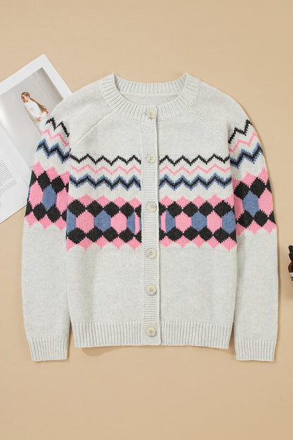 Pink Stripe Geometric Button Up Sweater Cardigan