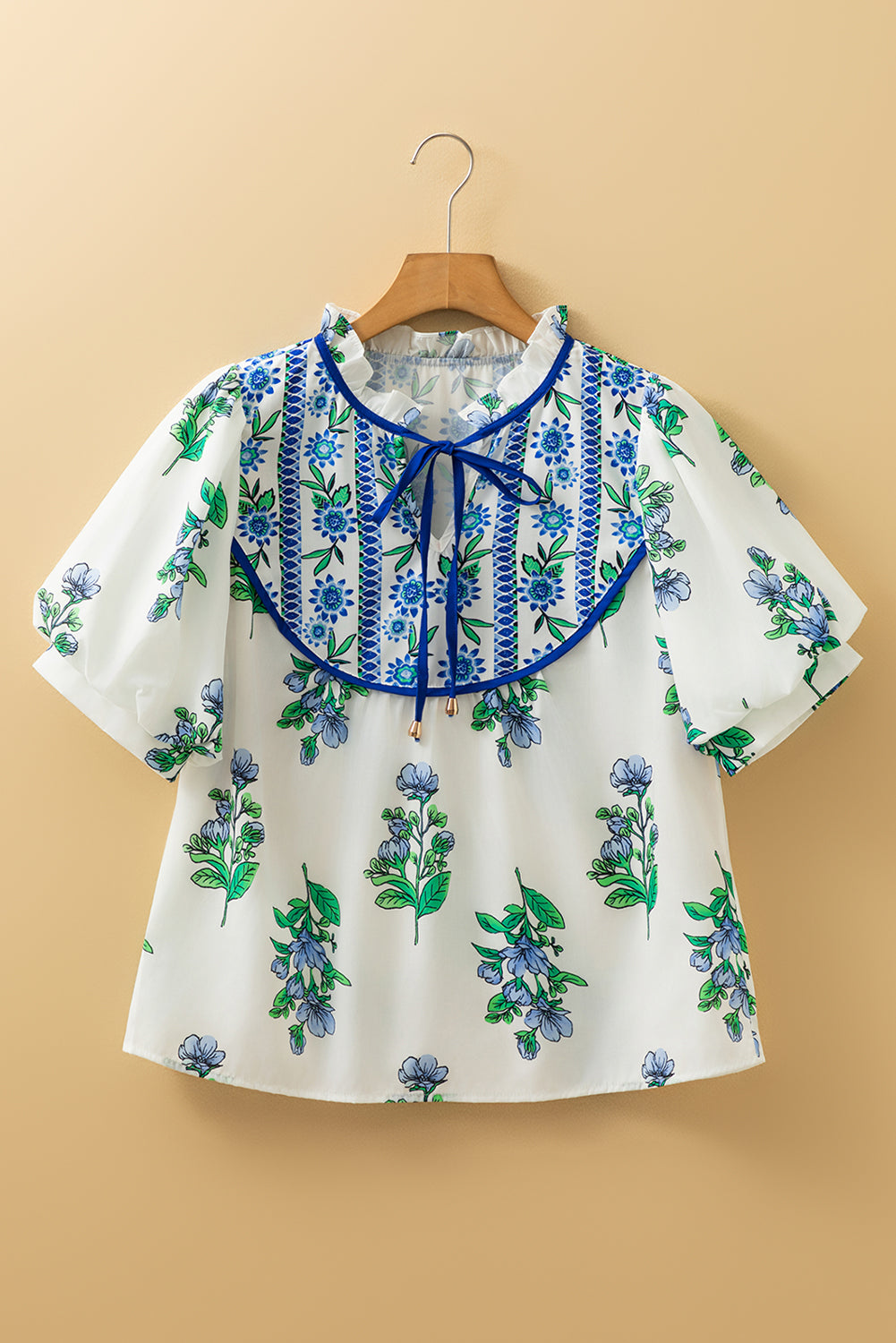 Beige Floral Print Piping Trim Tie Neck Short Sleeve Blouse