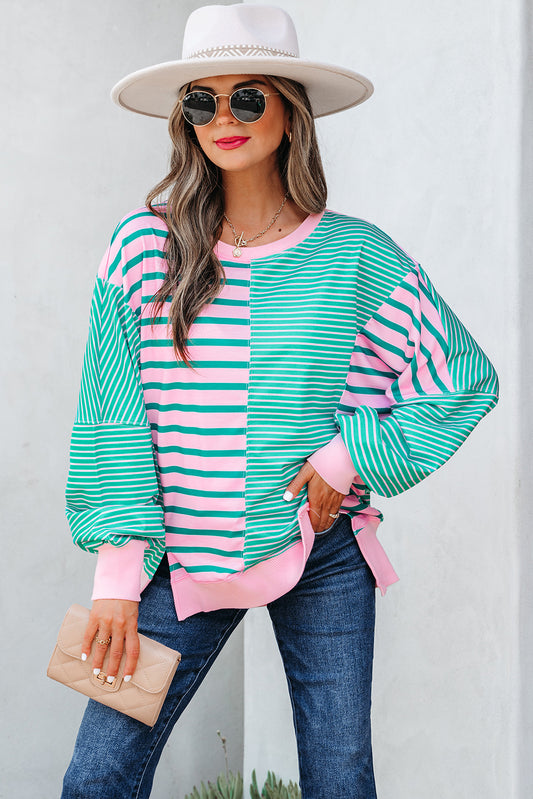 Green Stripe Mix Pattern Color Block Patchwork Side Slit Baggy Sweatshirt