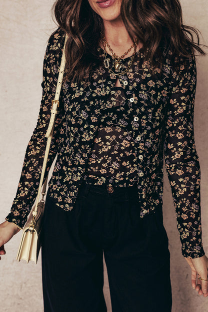Black Floral Print Mesh Tank Button Front Slim Cardigan 2pcs Set