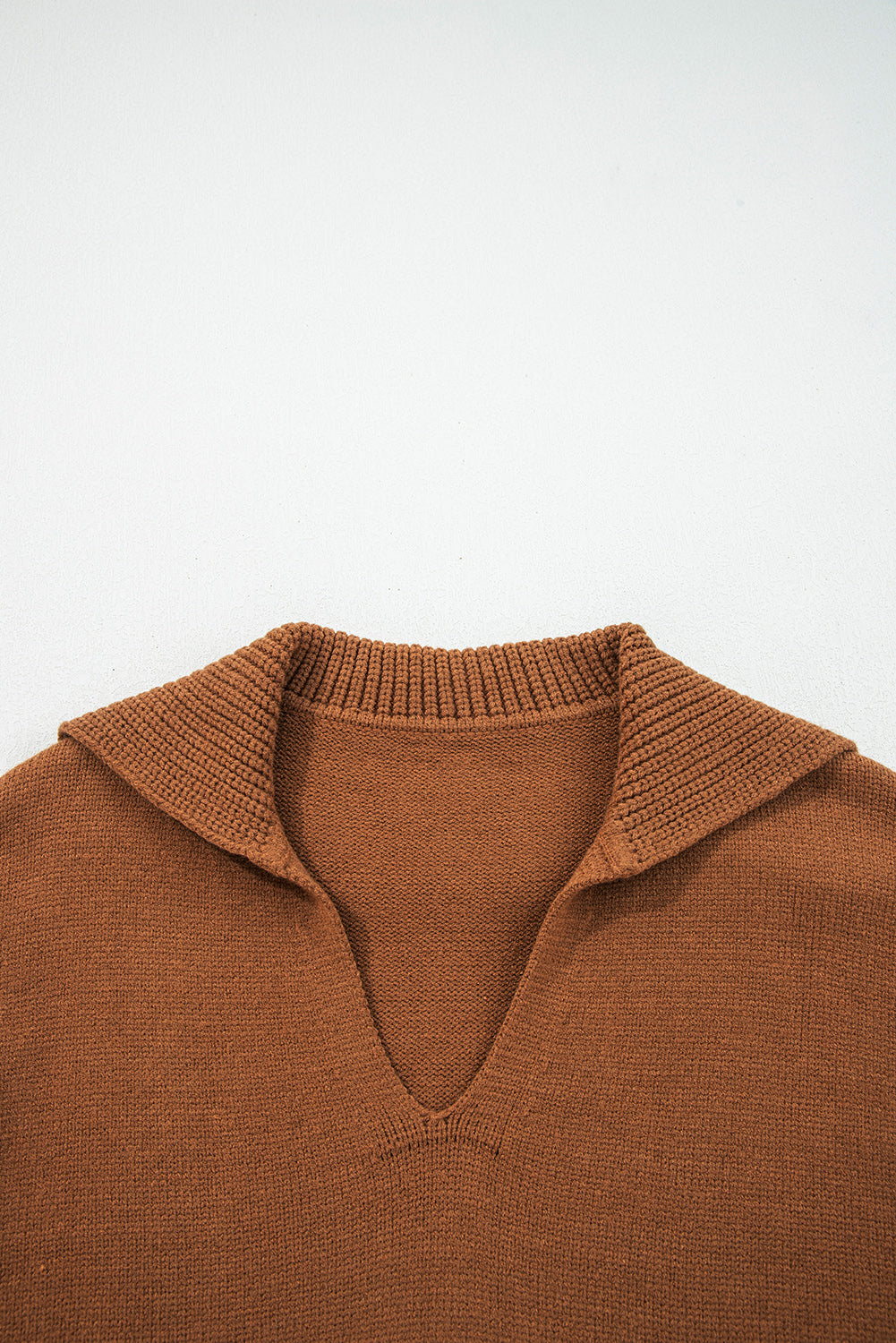 Chestnut Collared V Neck Ribbed Edge Sexy Elegant Sweater