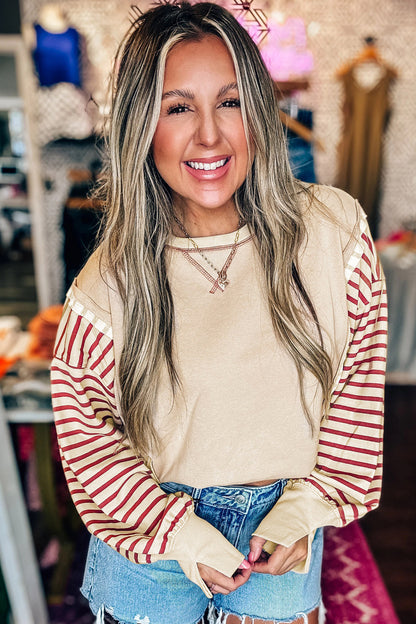 Red Stripe Sleeve Patchwork Casual Knit Top