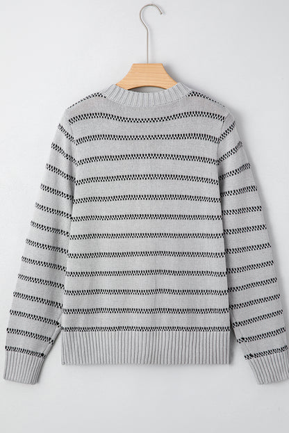 Gray Stripe Button Front Ribbed Trim Short Cardigan