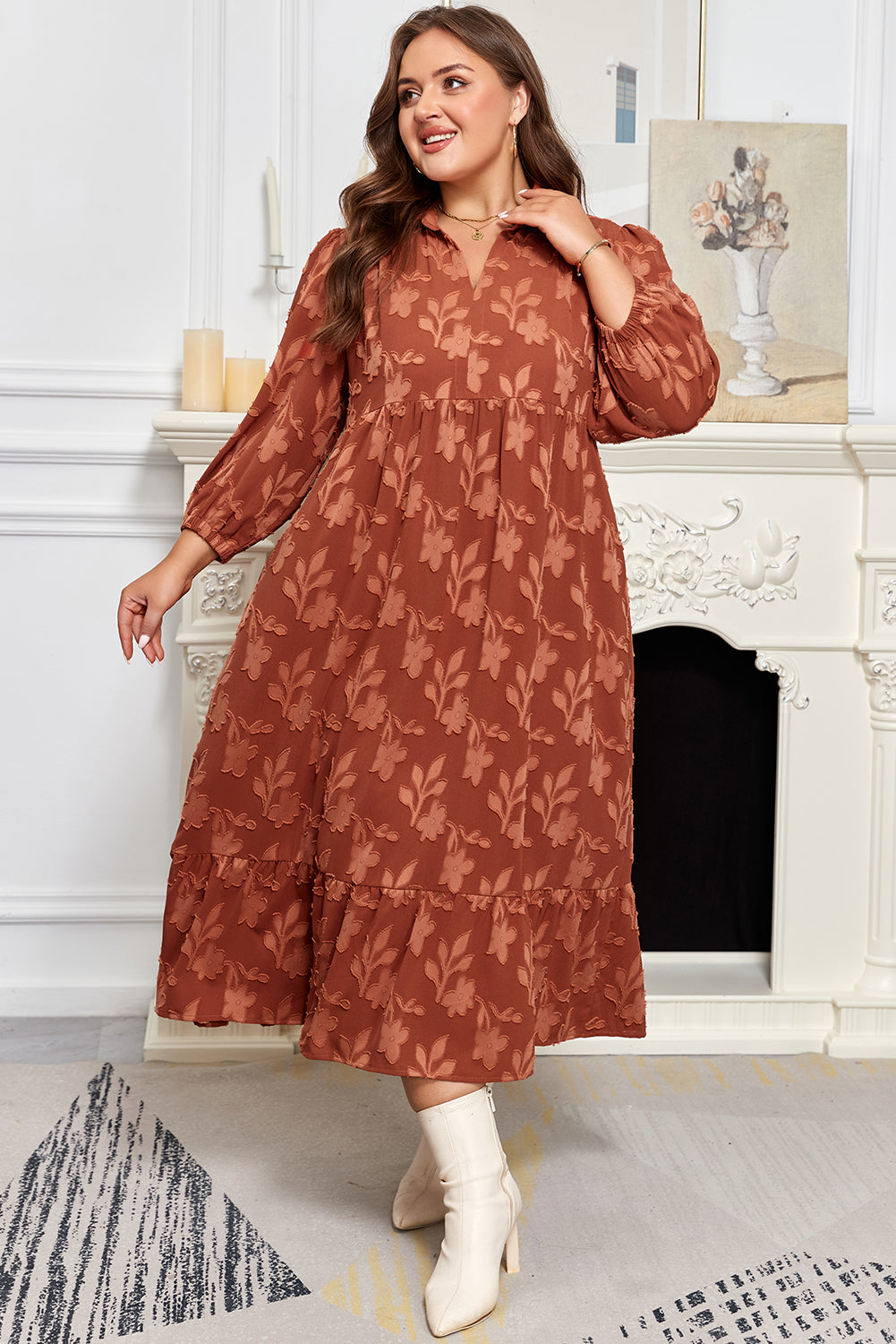 Cinnamon Plus Size Textured 3D Flower Pattern Ruffle Hem 3/4 Sleeve Long Dress
