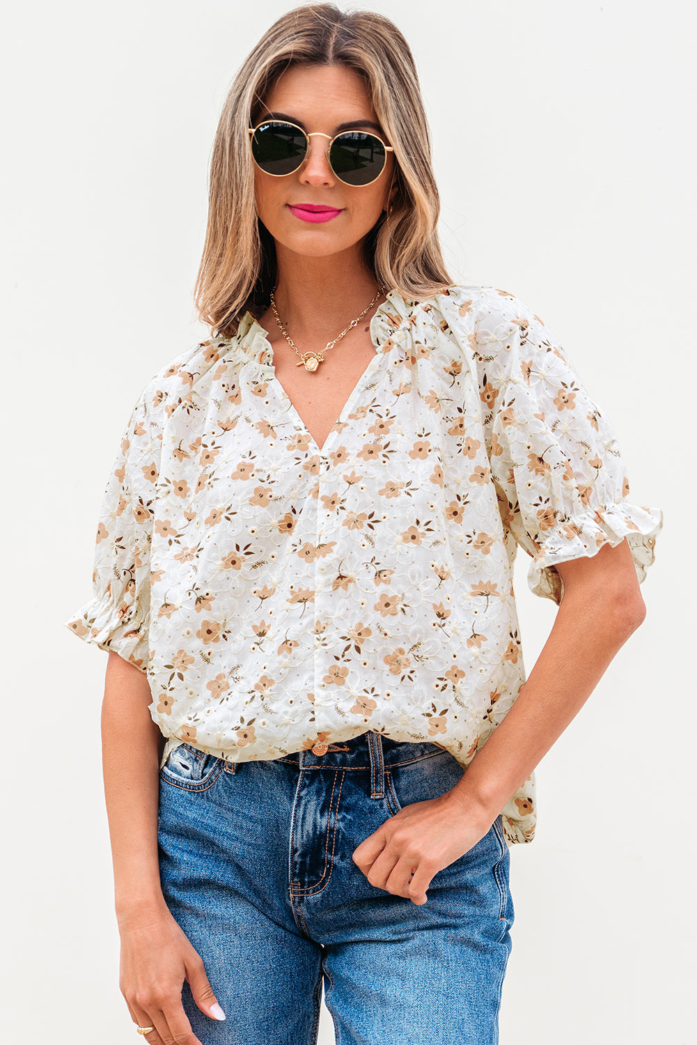 White Floral Eyelet Embroidered Puff Sleeve Notch V Neck Blouse