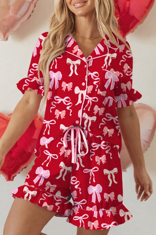Red Sweet Bow Print Ruffled Short Sleeve Shirt Shorts 2pcs Pajama Set