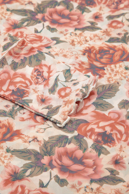 Black Retro Floral Print Mock Neck Mesh Long Sleeve Top