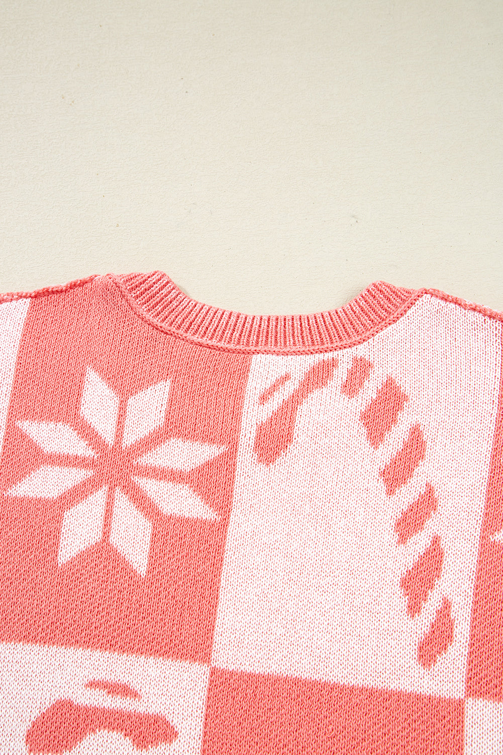 Pink Candycane Snowflake Checker Christmas Holiday Drop Shoulder Tunic Loose Sweater