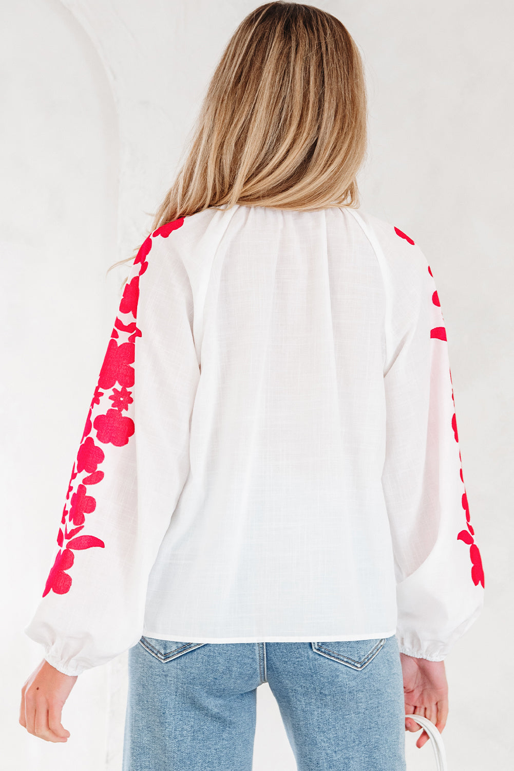 White Floral Embroidered Puff Long Sleeve Casual Shirt