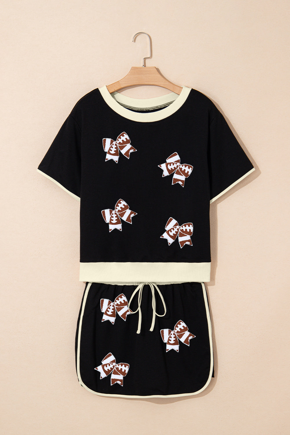 Black Sequin Rugby Football Bow Patched Colorblock Edge Tee and Skort Set