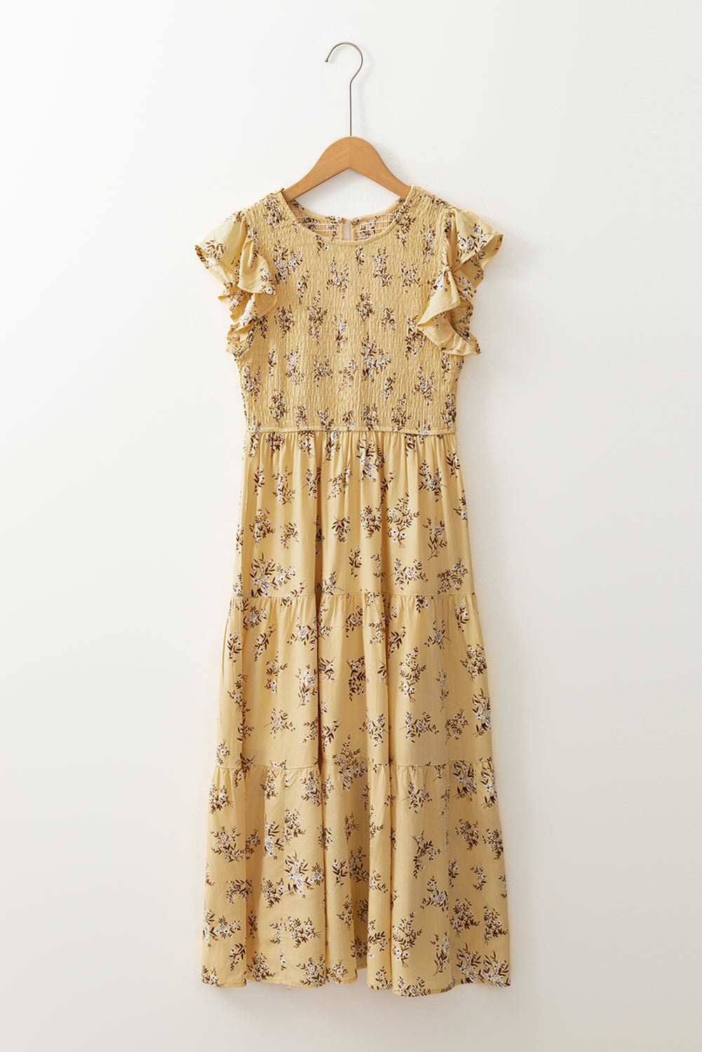 Yellow Boho Floral Print Ruffle Smocked Flowy Summer Dress