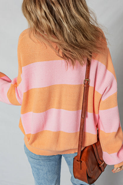 Orange Stripe Colorblock Half Zip Oversize Sweater