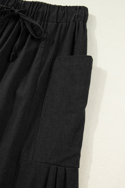 Black Drawstring Elastic Waist Patch Pocket Barrel Leg Casual Pants