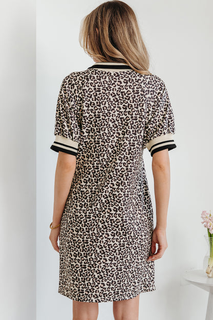 Khaki Leopard Print Zip Neck Striped Webbing Patchwork T Shirt Mini Dress