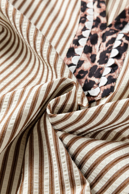 Brown Stripe Ricrac Trim Short Puff Sleeve Leopard Patchwork Collar V Neck Blouse