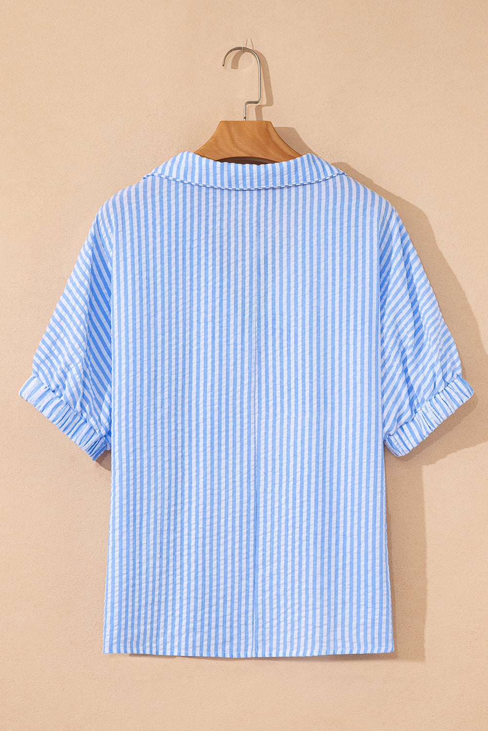 Sky Blue Striped Print Contrast Split Neck Dolman Sleeve Blouse