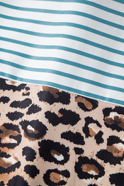 Sky Blue Stripe Contrast Leopard Patchwork Long Shirt Dress with Slits