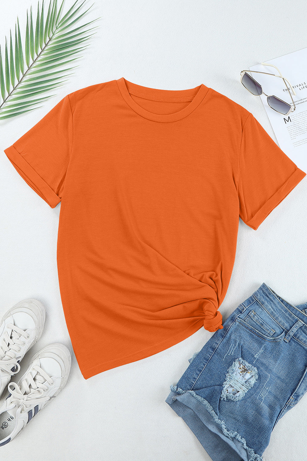 Orange Casual Plain Crew Neck Tee