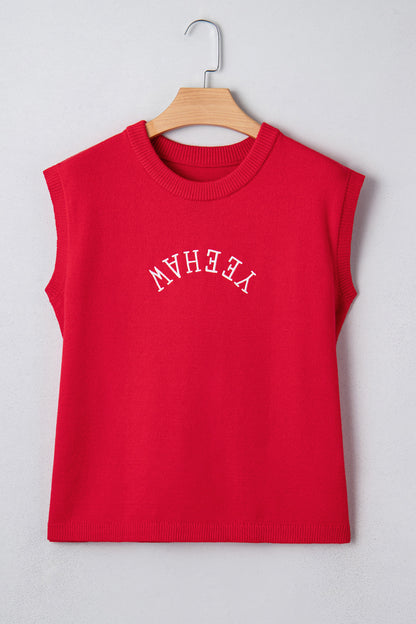 Fiery Red YEEHAW Embroidered Letter Loose Short Sleeve Sweater