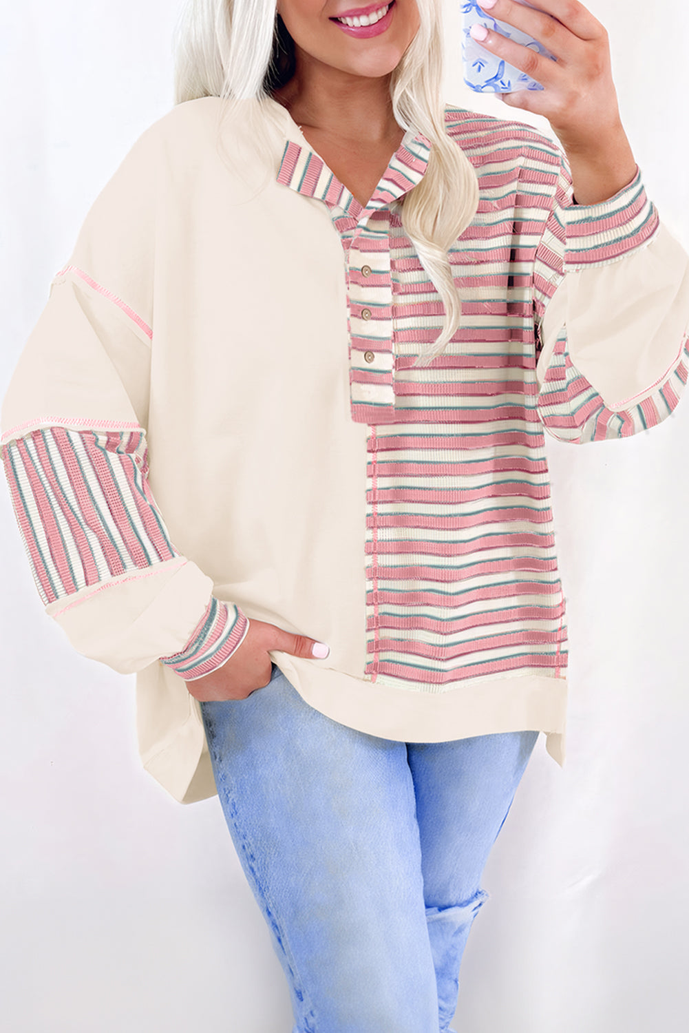 Pink Stripe Stitched Detail Color Block Patchwork Oversized Pullover Top