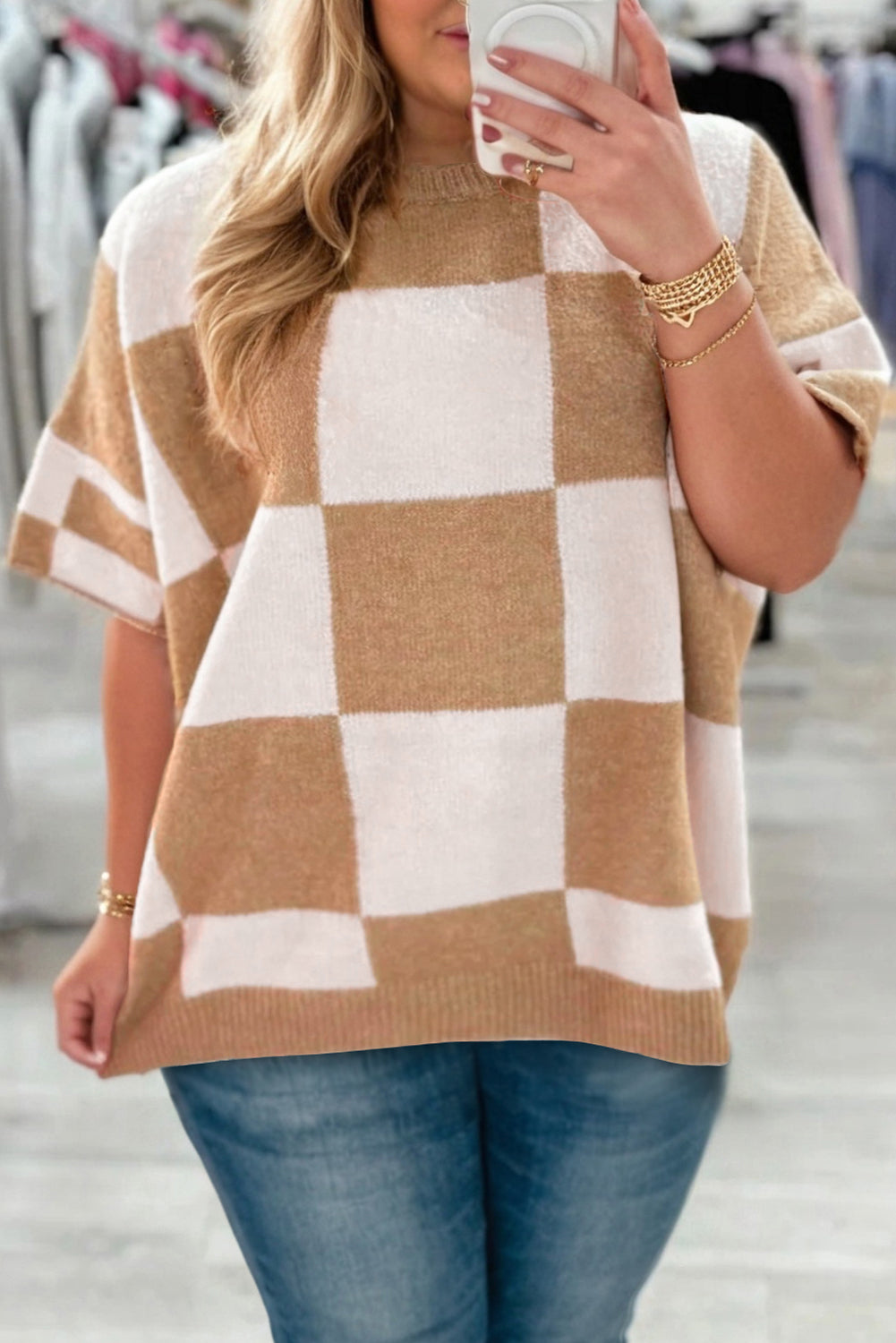Light French Beige Plus Size Checkered Pattern Knit Short Sleeve Sweater
