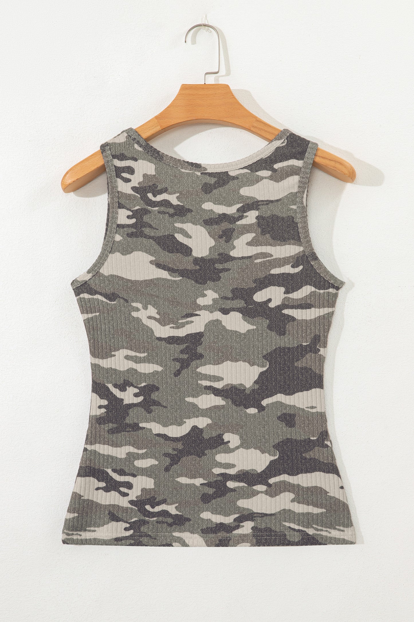 Gray Camouflage Print Ribbed Knit Round Neck Tank Top