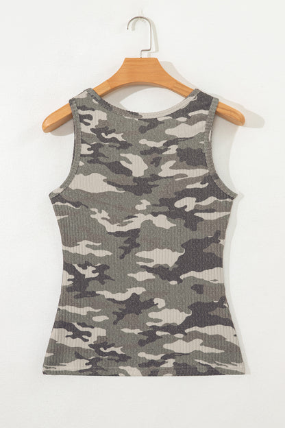Gray Camouflage Print Ribbed Knit Round Neck Tank Top