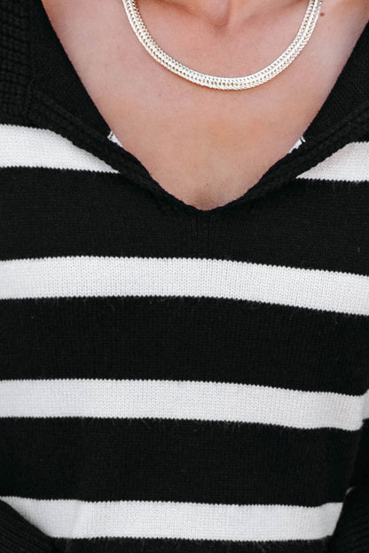 Black Caped V Neck Slit Sleeve Striped Sweater