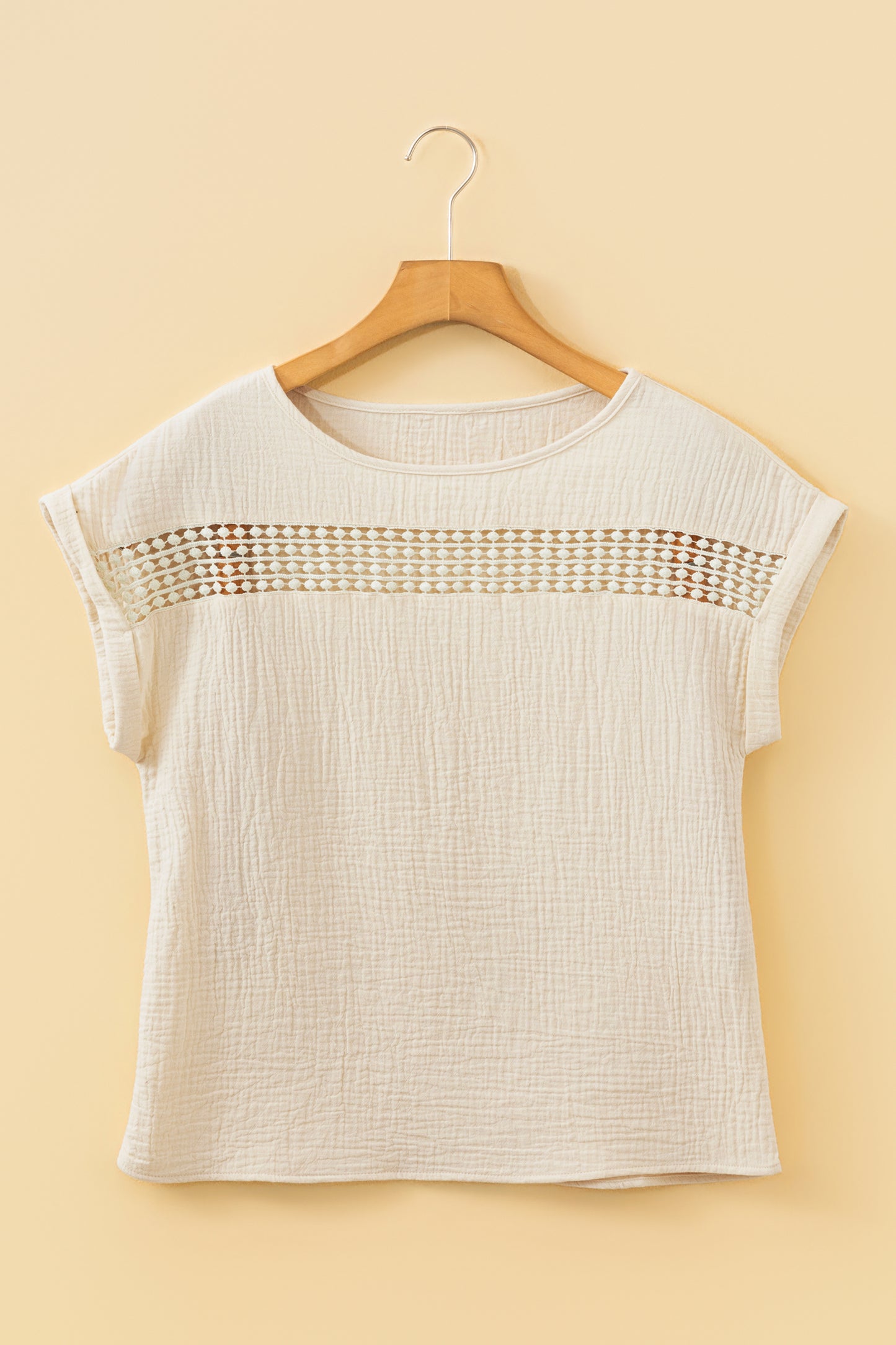 Beige Crochet Insert Textured Cotton Short Sleeve Blouse Top