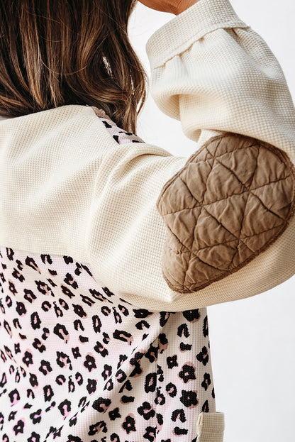 Khaki Leopard Waffle Quilted Patchwork Button Front Jacket