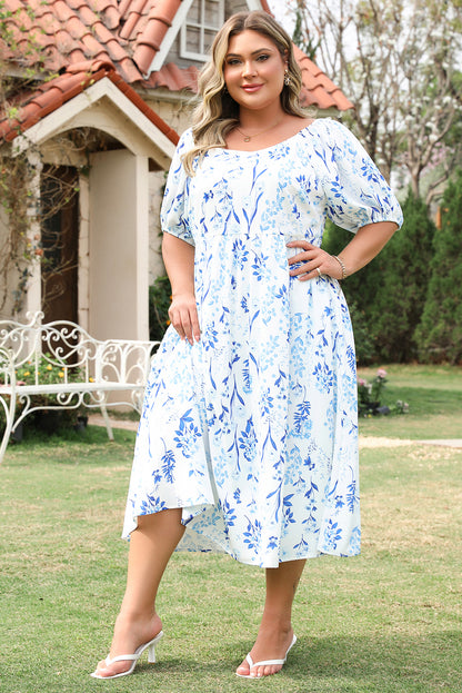 Sky Blue Floral Print Sweetheart Neck Plus Size Midi Dress