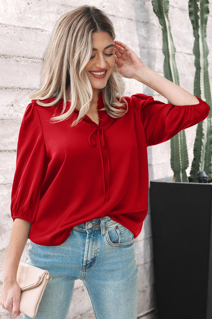 Fiery Red Solid Color Frilled V Neck Bow Detail 3/4 Sleeve Blouse