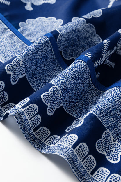 Blue Plus Size Floral Printed Notched Neck Long Sleeve Blouse