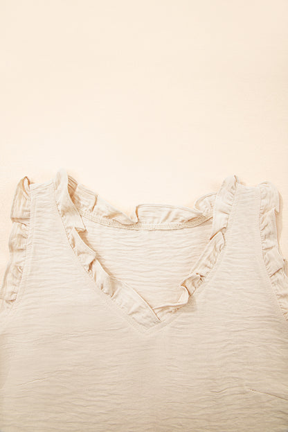 Parchment Textured Frilly Trim V Neck Sleeveless Top